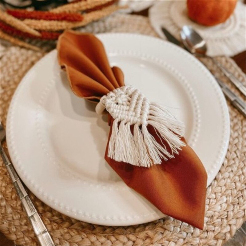 Servilletero de macramé con cuerda de algodón, servilletero europeo hecho a mano, Decoración de mesa de cena, manualidades, suministros para de boda, decoración, 2 uds.