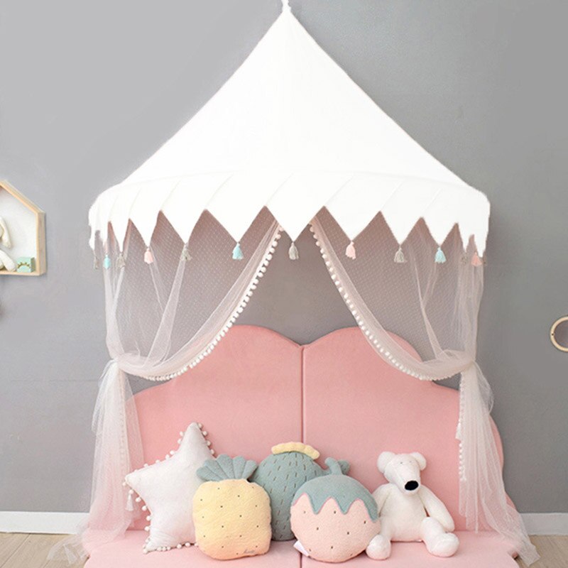 Tienda tipi de algodón para niños, casa de juegos, toldo plegable, cortina para cama, red para cuna de bebé, decoración para habitación de niño y niña: white tassel