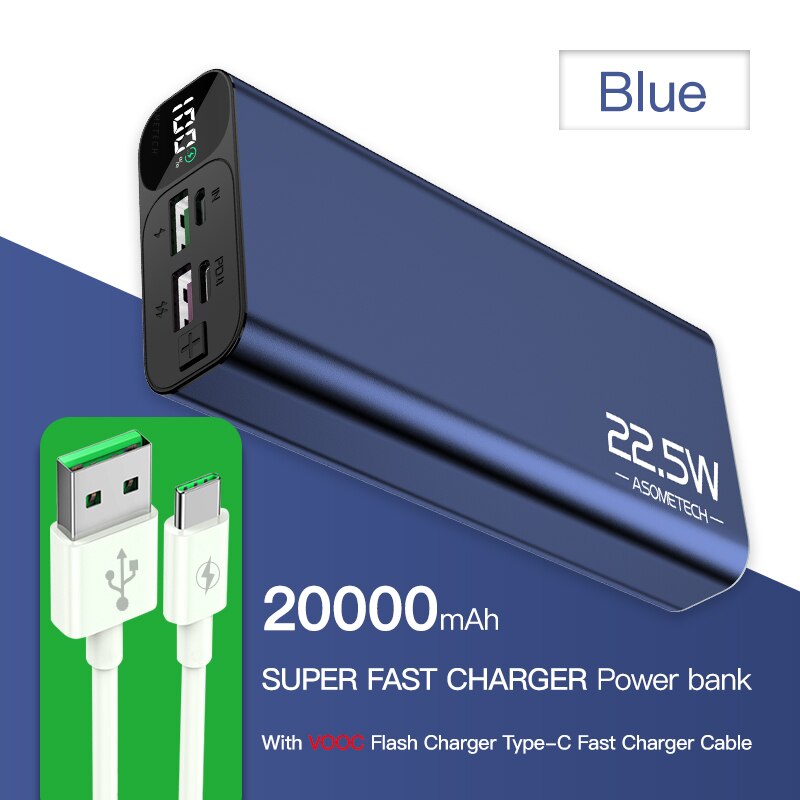 Carregador super rápido qc3.0 20000mah 5a, usb c pd3.0 flash, bateria externa para iphone 12 xiaomi: Blue With Cable B