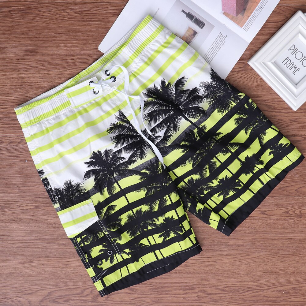 Men Fast Dry Beach Shorts Palm Tree Casual Surfing Swimming Trunks with Pockets - Size (Yellow)