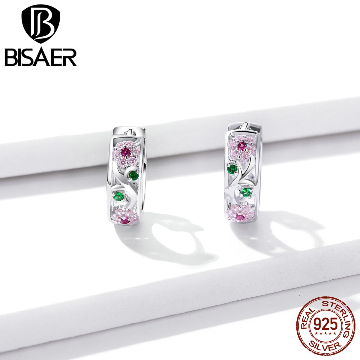 Colorful Flowers Jewelry Sets BISAER 925 Sterling Silver Pink Zircon Ring & Hoop Earrings For Women Luxury Jewelry