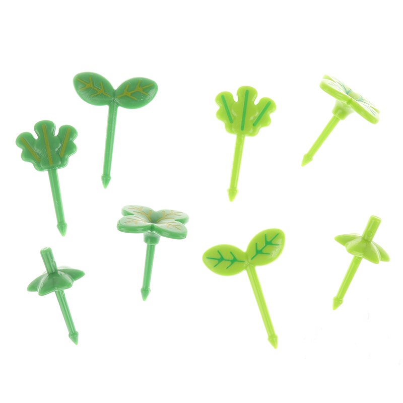 Fiambrera de decoración de plástico con hojas para niños, palillo de dientes, tenedor pequeño para ensalada, Mini palillos para pastel, 8 Uds.