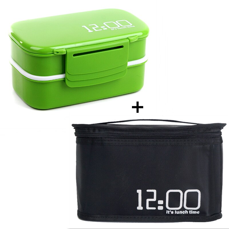 Det er frokosttid 1410ml dobbelt lag plastik madpakke mikrobølgeovn stor kapacitet frokost bento box madpakke: Grøn med taske