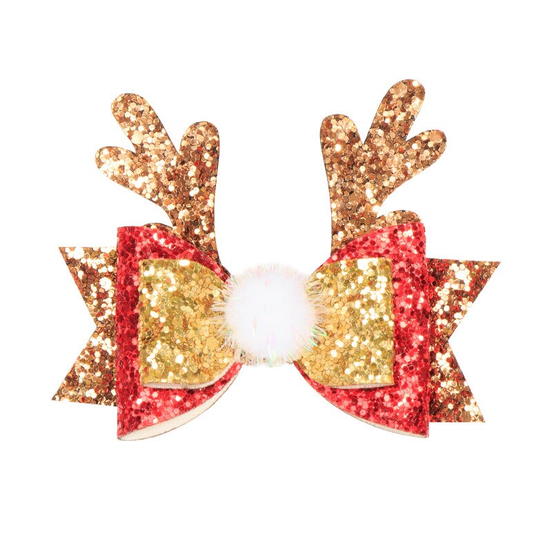 Girls Cute Elk Antlers Hair Clips Festival Style Sequins Hairpins Children Hair Accessories Christmas Red Bow Hair Pin