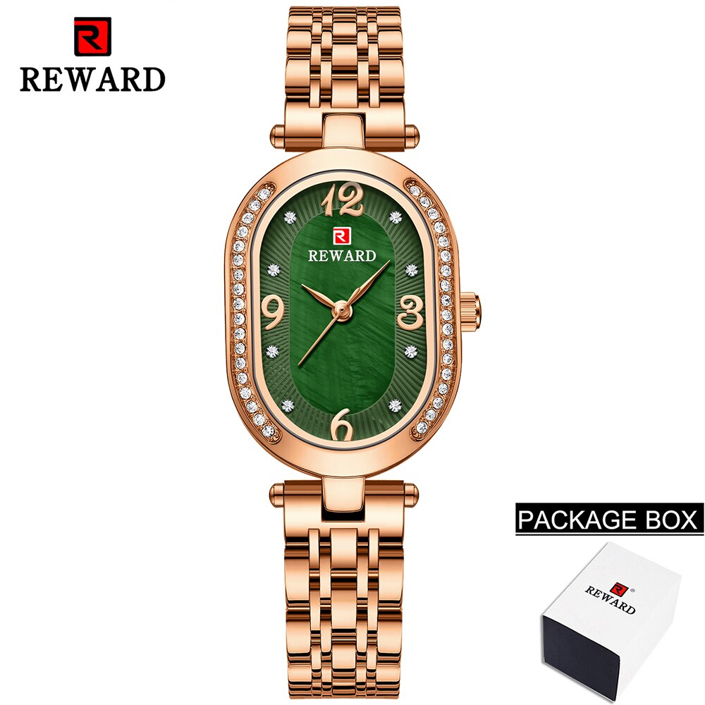 REWARD-Reloj de pulsera de oro rosa para mujer, relojes de cuarzo ultrafinos de lujo a la , correa de acero inoxidable, para mujer y Niña: Rose gold green box