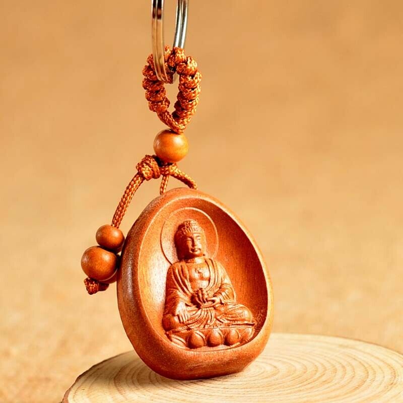 Hout gesneden chinese bhaisajyaguru geneeskunde boeddhabeeld hanger sleutelhanger ring