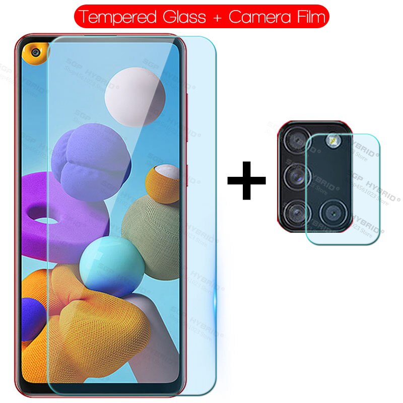 Lente de cámara 3 en 1, cristal protector para Samsung Galaxy A21s A21 s A 21 s SM-A217F/DSN SM-A217F/DS, funda de silicona suave de TPU transparente: Front and Lens Film