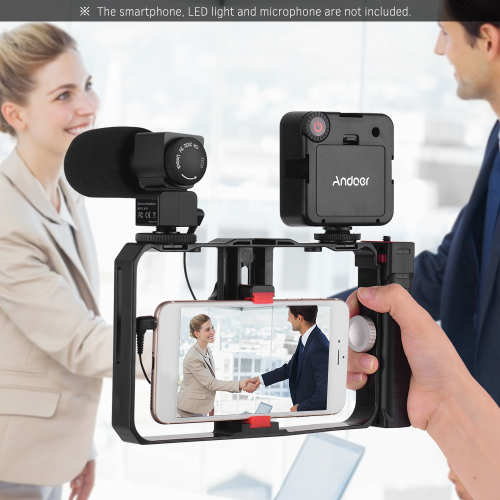 Smartphone Video Rig Handheld Telefoon Stabilizer Grip Kooi met Telefoon Houder 3 Koude Schoen Mounts Handvat voor iPhone Samsung Xiaomi