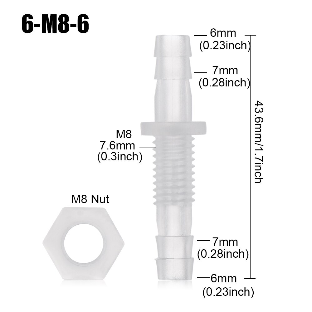 5pcs M6~M10 Thread Hex Nut PP Straight Garden Water Connectors Aquarium Fish Tank Adapter Air Pump Hose Fittings Pagoda Joints: 6-M8-6