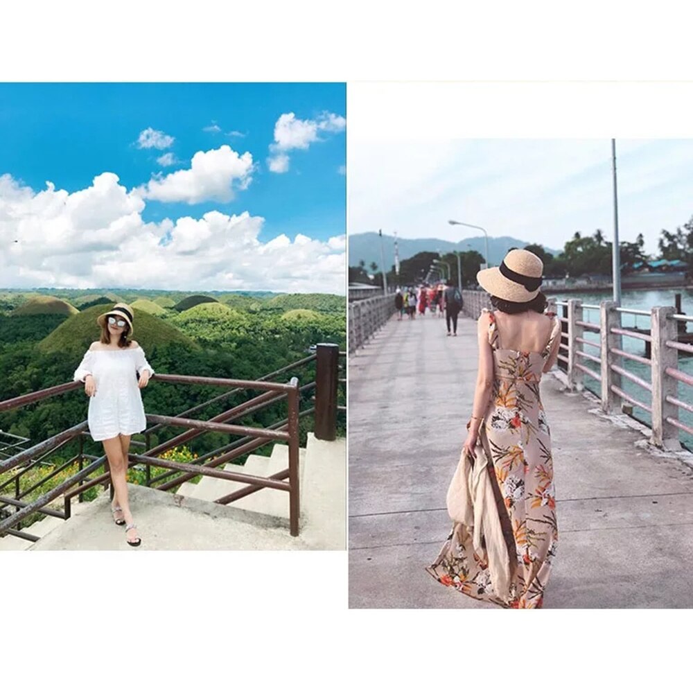 Women Sun hat Ribbon bow Raffia Grass Straw folding wide Brim Bucket Hat For Lady Beach hat Dome Bucket cap