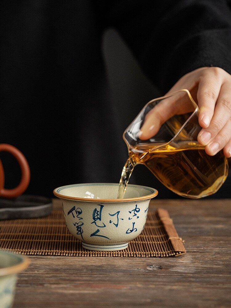 Hand Painted Chinese Poem Cup Antique Calligraphy Pottery Jingdezheng Cups Tea Cup Set Teaware Boat Mugs For Tea Ceremony