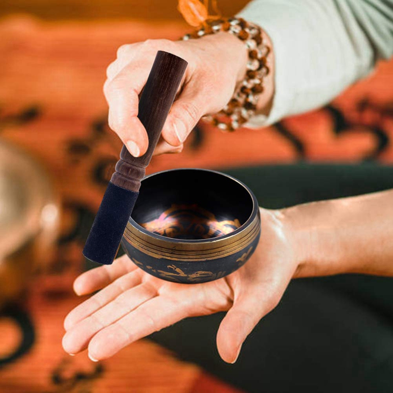Tibetan Singing Bowl Set with Dual End Stroker Cushion for Meditation Yoga Spiritual Healing Mindfulness,Black