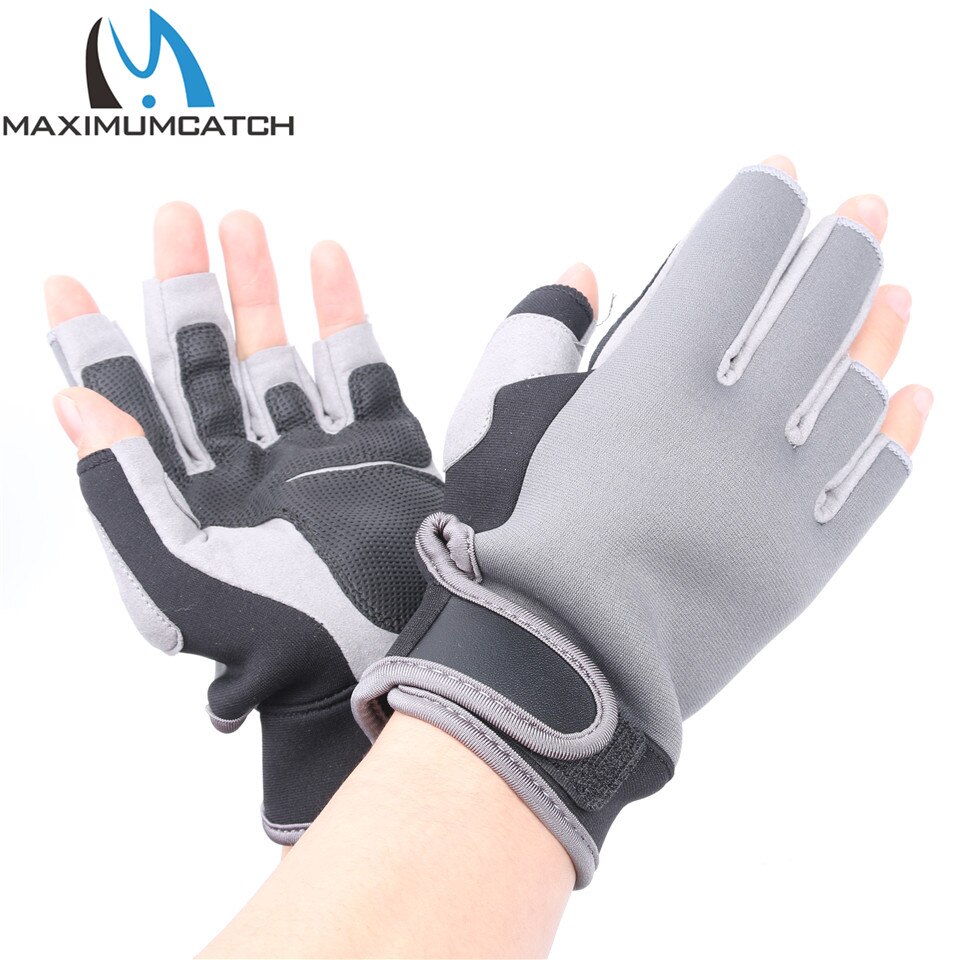 1 par de guantes de pesca de neopreno elásticos de medio dedo Maximumcatch, guantes de pesca antideslizantes impermeables, Color negro y gris