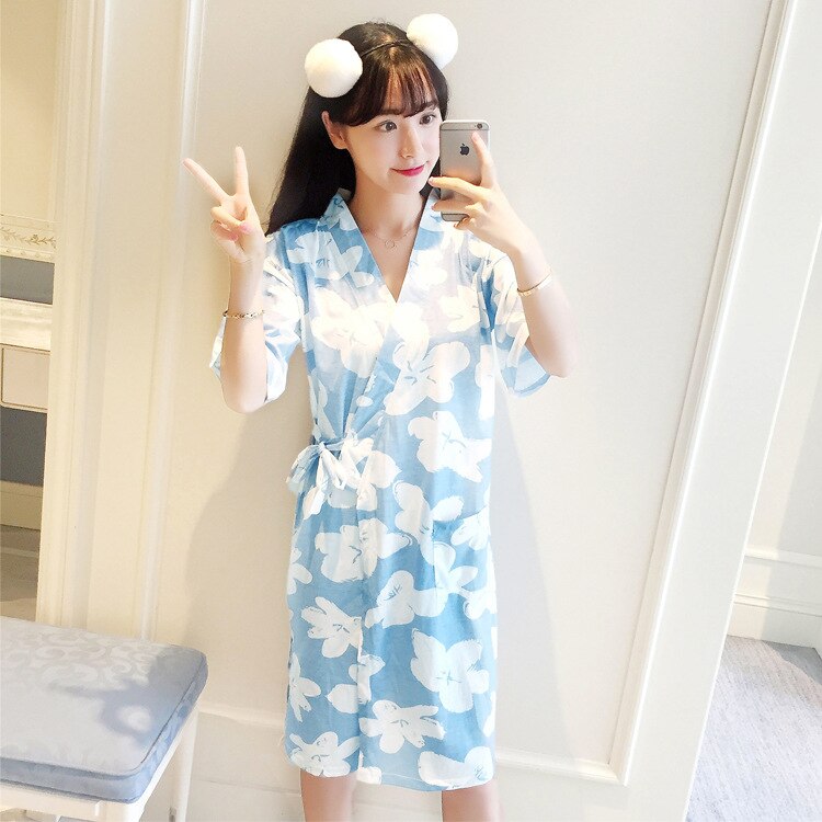 Summer Kimono Robe High-End Cotton Double Layer Gauze WOMEN'S Cardigan Pajamas Short Sleeved Robe Bathrobe