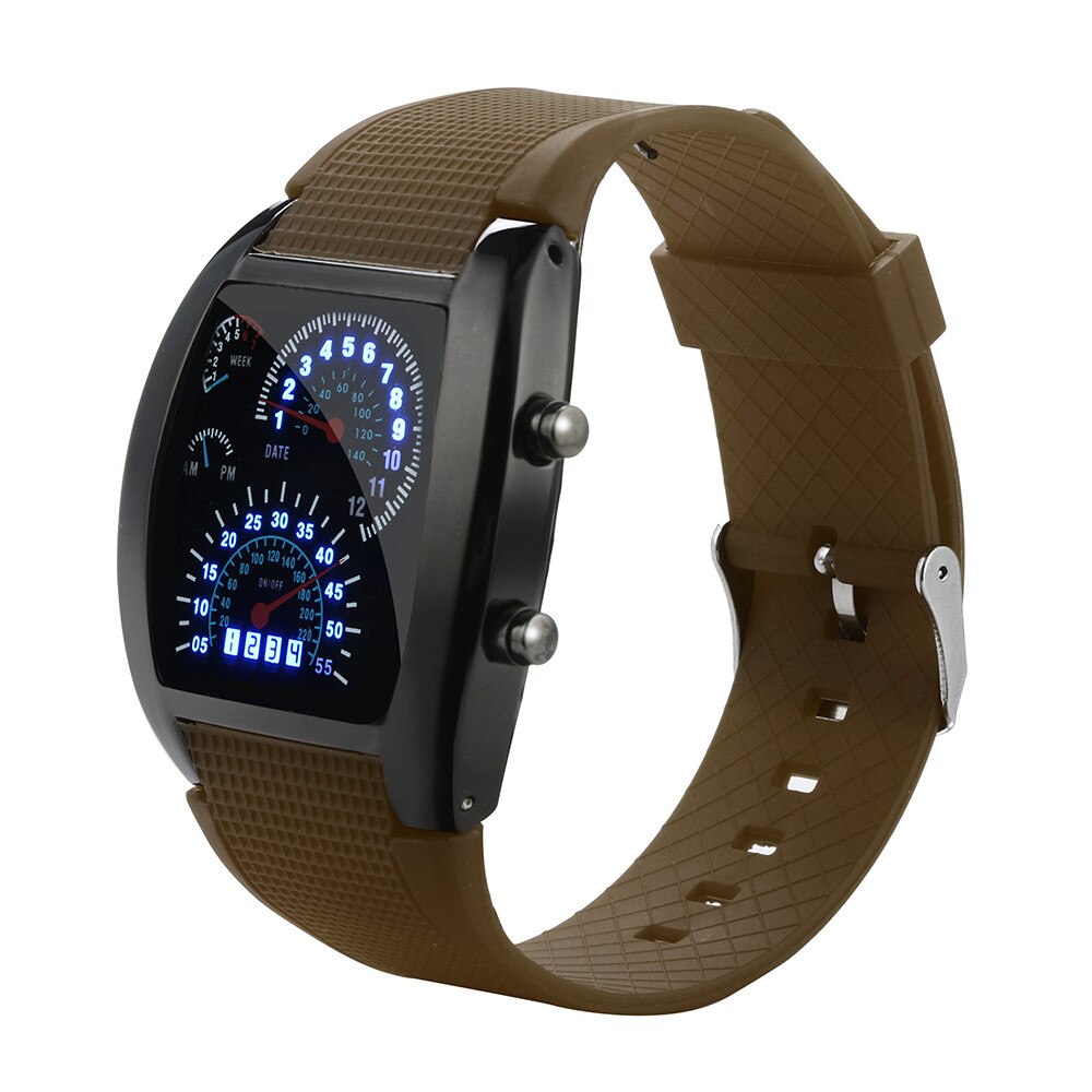 watch men LED Light Flash Turbo Speedometer Sports Car Dial Meter Watch Luxury watch chargeable Relogio Masculino: Brown A