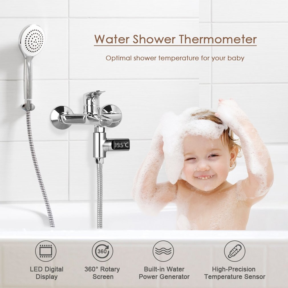 Monitor de temperatura del agua con pantalla LED Celsius, termómetro de ducha eléctrica, flujo de rotación de 360 grados, autogenerador