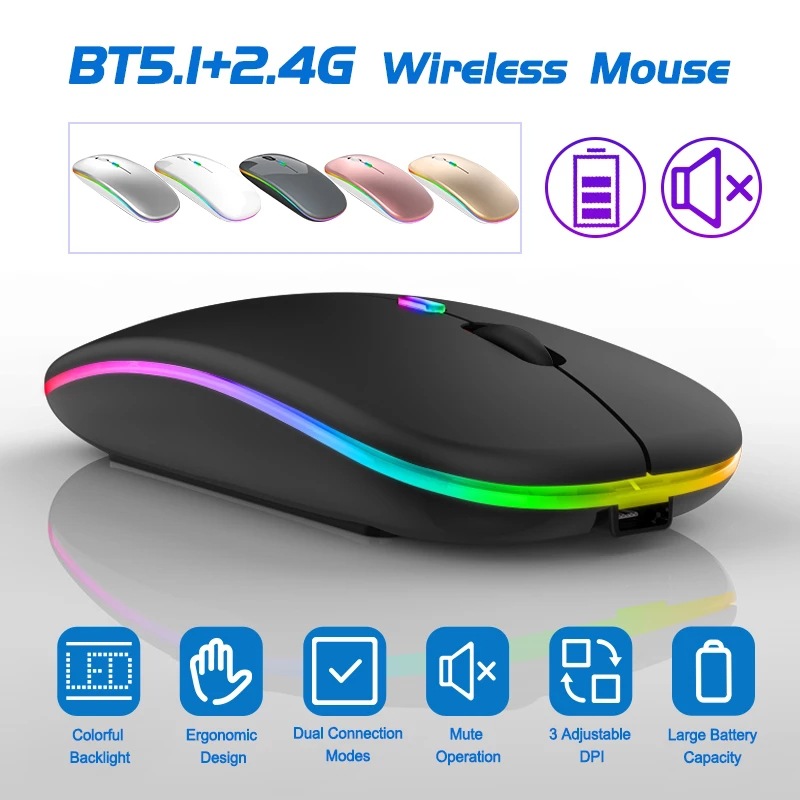 Bluetooth Wireless With USB Rechargeable RGB Mouse BT5.2 For Laptop Computer PC Macbook Gaming Mouse 2.4GHz 1600DPI