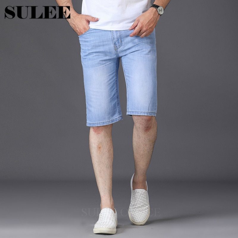 SULEE, novedad de verano , pantalones cortos de tela vaquera para hombre, pantalones cortos vaqueros elásticos ajustados informales a la , ropa de para hombre