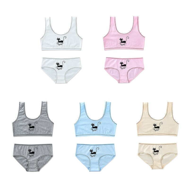 Adolescenti ragazze 2 pezzi Set di biancheria intima simpatico gatto nero stampa cinturino largo reggiseno da allenamento gilet a righe Top e mutandine abbinate sport U