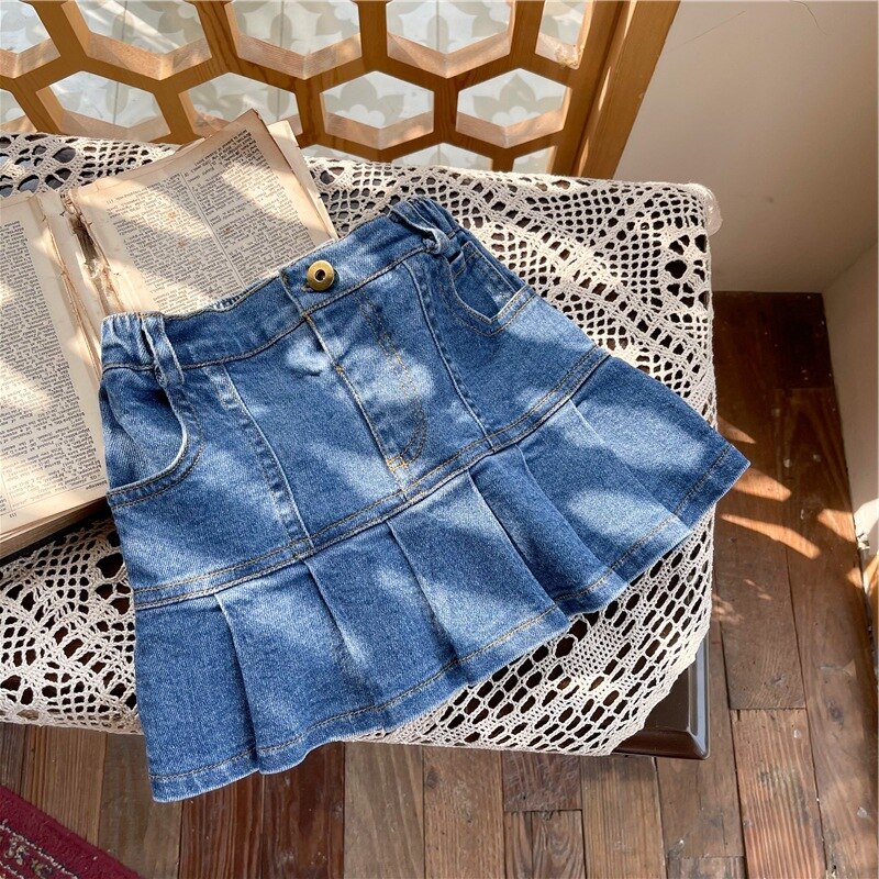 Zomer Peuters Kids Denim Rokken Effen Kleur Koreaanse Stijl Baby Meisjes A-lijn Geplooide Rokken: 6T