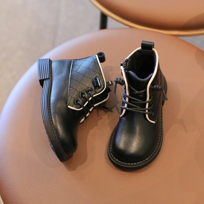 Zapatos de invierno para niños, botas Martin con cordones, botines de plataforma de cuero, zapatos informales para niños y niñas de 1 a 8 años,: Negro / 23