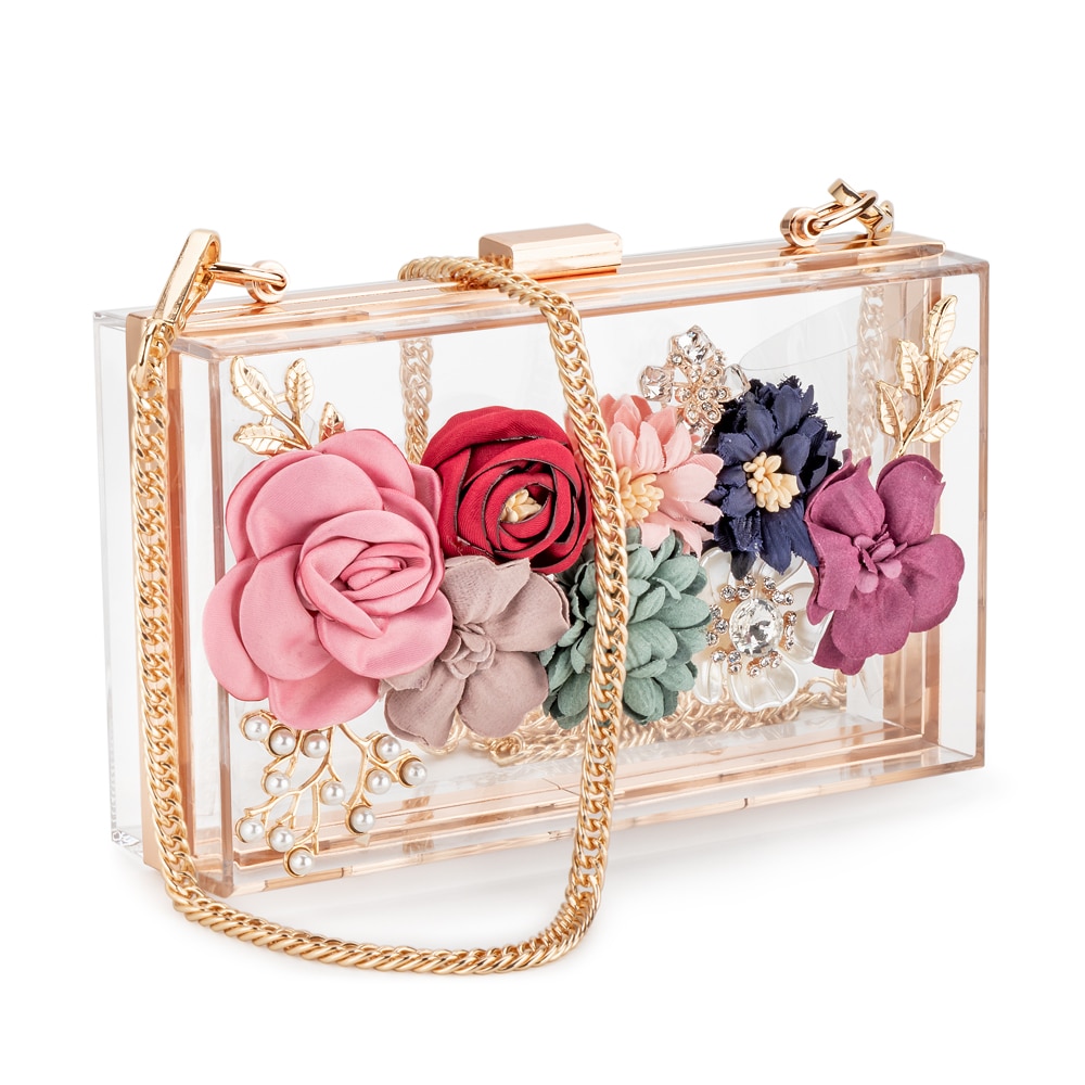 Women Acrylic Flower Clutches Crossbody Purse Evening Bags Chain Strap For Wedding Prom Banquet Ideal Golden Frame