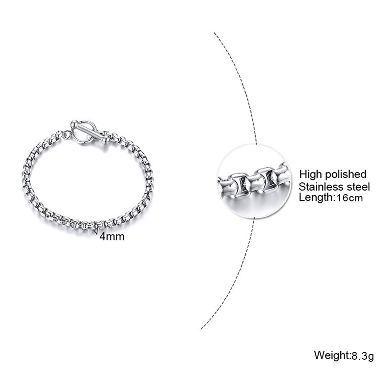 4 à 6MM boîte ronde chaîne BRACELET 6.3 à 8.26 pouces d'épaisseur en acier inoxydable boîte lien chaînes pour hommes femme bijoux: 4MM 16CM