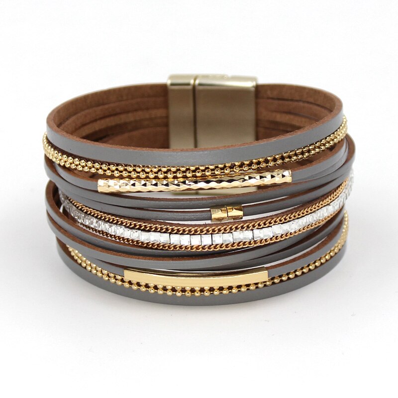 Women Bracelets Multi-layer Leather Rope Rhinestone Combination Metal Pipe Chain Bracelet Jewelry: B079e Gray