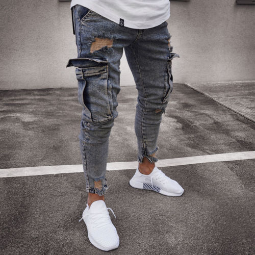 Pantalones ceñidos elásticos rasgados de motorista