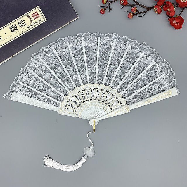 23cm Thin Lace Fan Plastic Bone Hand Fan Art Craft Lolita Japanese Sweet Girl Dance Photo Props Wedding Party Decoration: White pendant