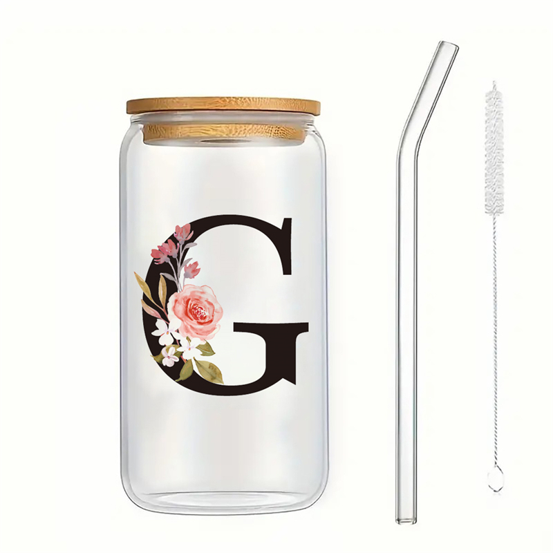 Alphabet Flowers Drinking Glass Letter A-Z Iced Coffee Water Juice Bottle Portable Clear Cup with Lid Straw Brush Birthday: PURPLE