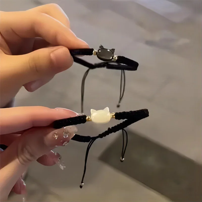 Pulseras de obsidiana de piedra lunar Natural, pulsera minimalista hecha a mano, bonita pulsera de gato blanco y negro, accesorios de , joyería