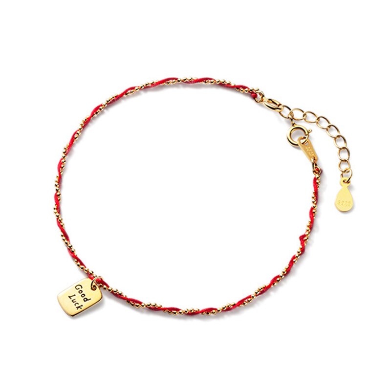 Pulseira de corda de prata esterlina 925, para mulheres, corda de fio vermelho com letra e boa sorte, 925