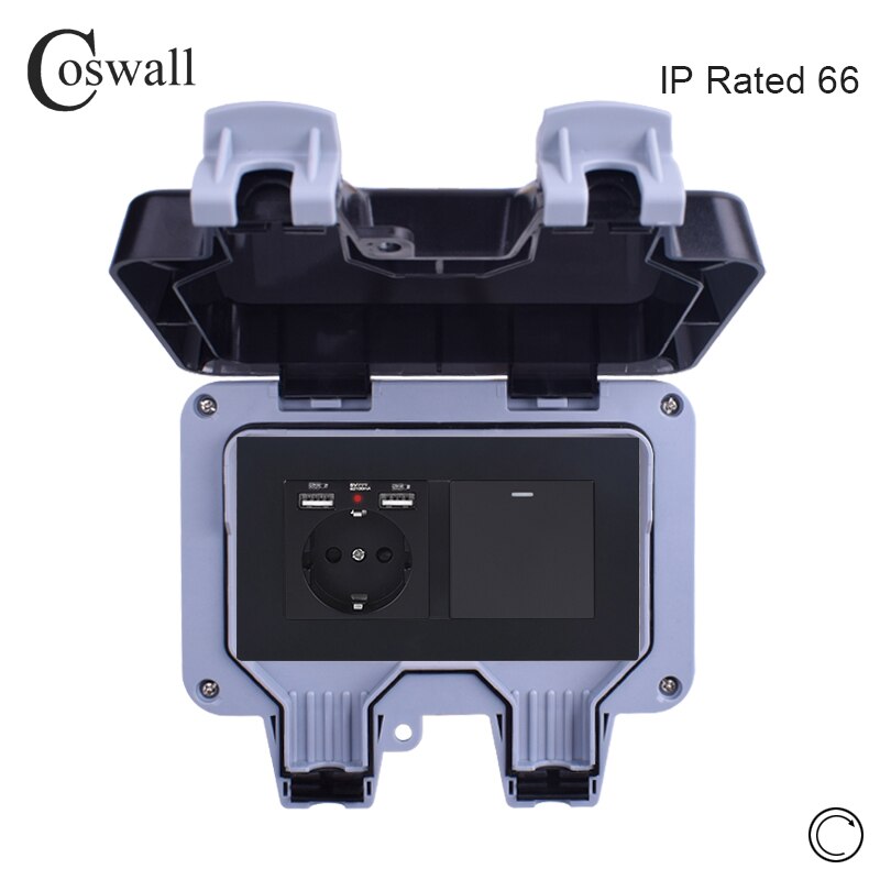 Coswall IP66 Waterproof Outdoor EU Standard Wall Socket With 2 USB Charge Port + 1 Gang Momentary Contact Push Button Switch