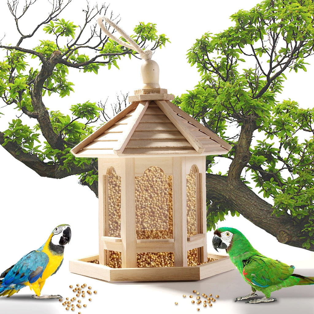 Houten Vogel Feeder Huis Vogelhuisje Opknoping Nest Feeder Met Dak Huis Tuin Yard Decoratie Outdoor Huisdier Decors Hexagon Vormige