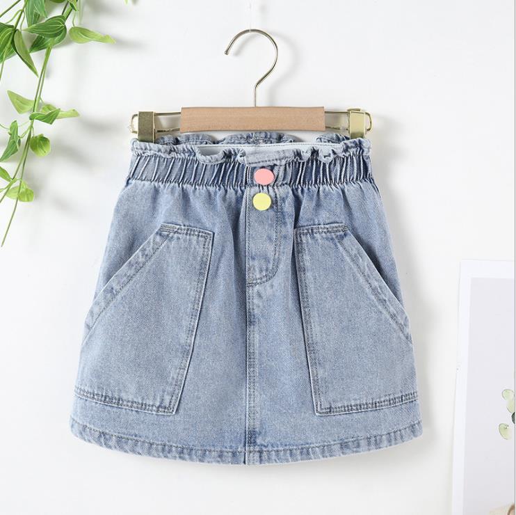 Kids Baby Meisjes Denim Rok Zomer Meisjes Effen Kleur Gekleurde Knop Rok Met Schuine Zakken Outfits Voor 4-10T