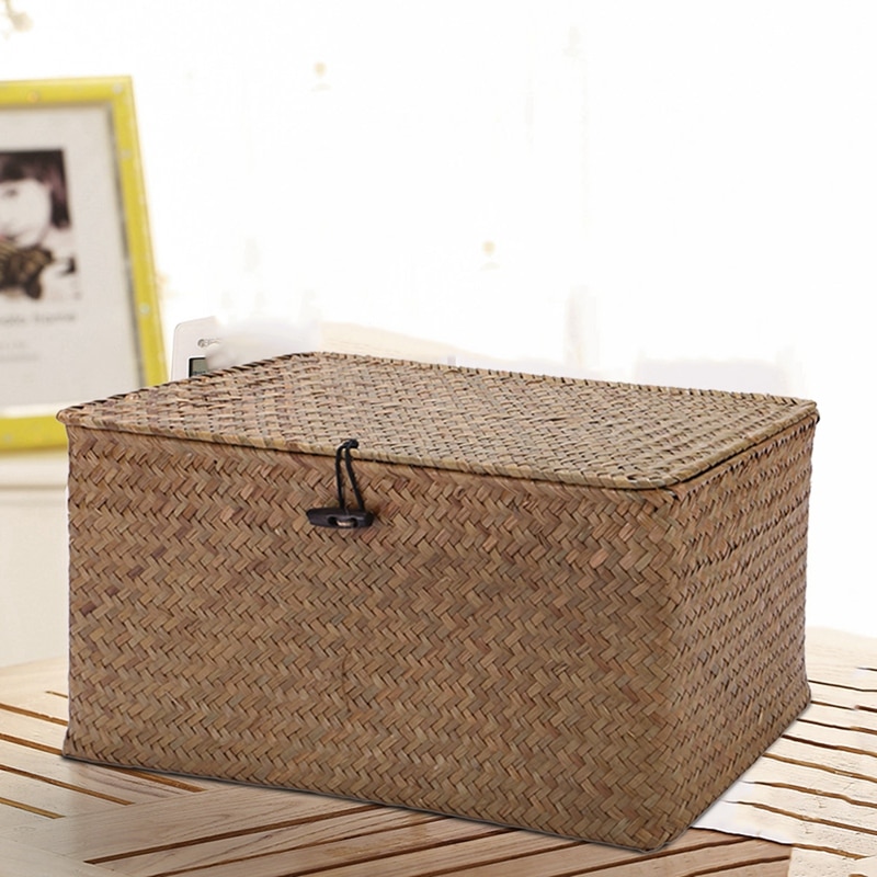Handmade Straw Woven Storage Basket with Lid Makeup Organizer Storage Box Seagrass Laundry Baskets Rattan Jewelry Box