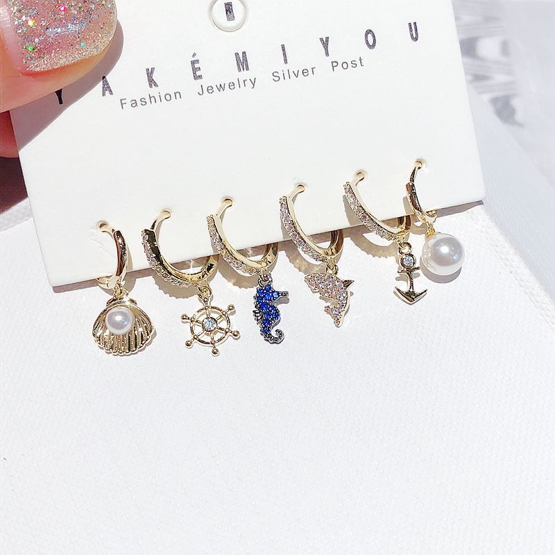 Leuke Shell Seahorse Oorbellen Set Ocean Style Dangle Gold Hoop Oorbellen Voor Vrouwen Koreaanse Sieraden: Default Title