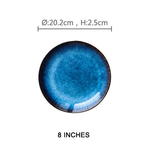 Vajilla de cerámica nórdica para el hogar, plato de cerámica , bandeja azul, vajilla Retro, carne, fruta occidental, vajilla de alta gama: 8-inches