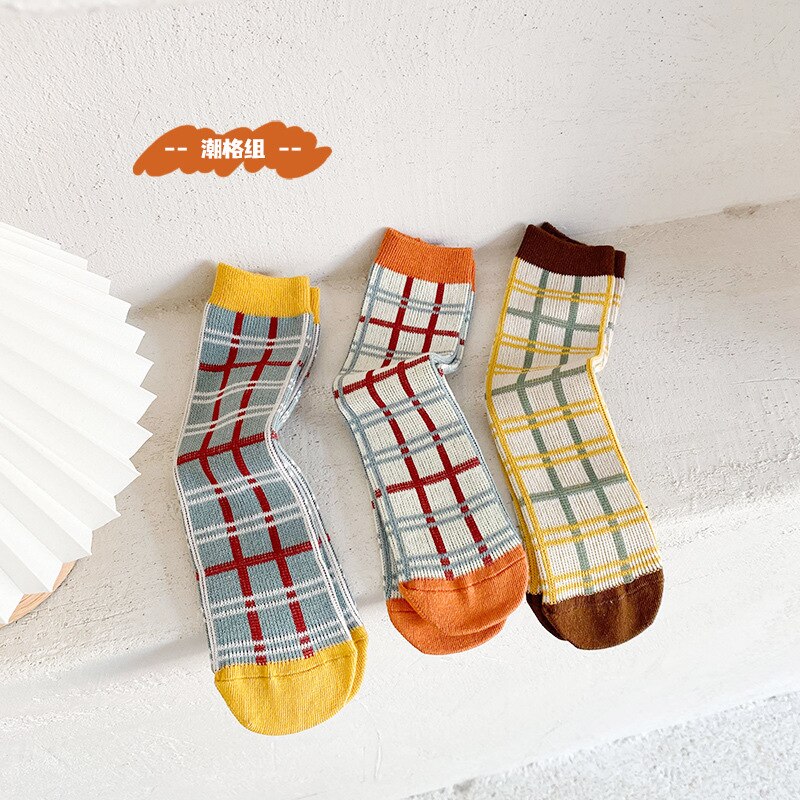 3 paia/lotto calzini per bambini stile coreano Plaid a righe ragazzi e ragazze calzini a tubo calzini alti per bambini calzini per bambini formato libero: A