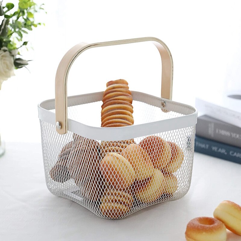 Metal Storage Basket with Wood Handle Organizer Bin Stackable Rustic Farmhouse Basket Bowl for Kitchen Pantry