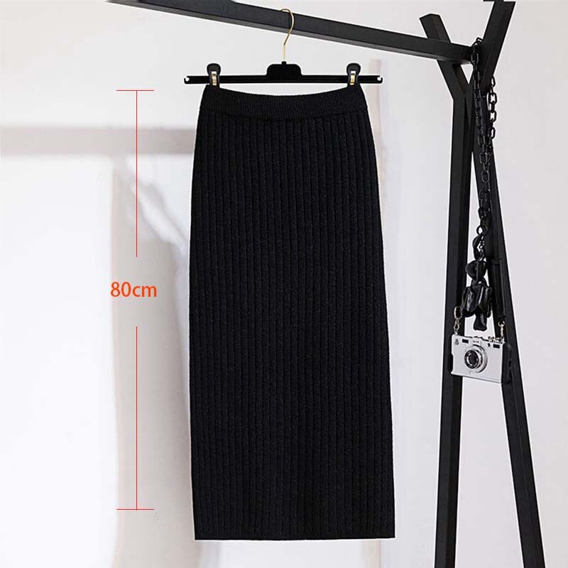 Faldas de mujer de banda elástica de 60-80CM, Falda recta de punto cálida de otoño e invierno, falda negra medio larga acanalada: 80cmblack