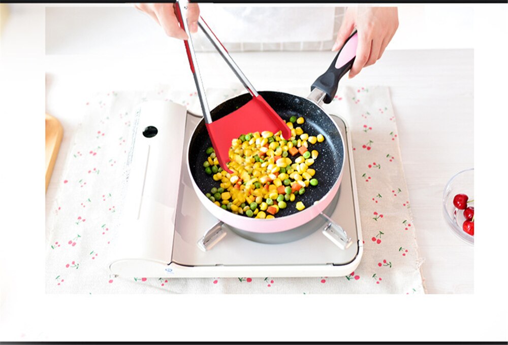 2 in 1 Smart Kitchen Spatula and Tongs Non-Stick Heat Resistant Stainless Steel Frame Silicone Tongs Kitchen Gadget