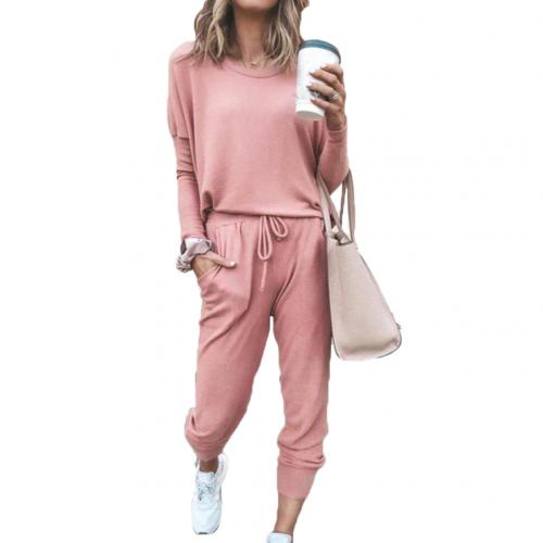 Blusa de manga larga y cuello redondo para mujer, pantalón con cordón, chándal deportivo, Otoño e Invierno: Rosa / XL