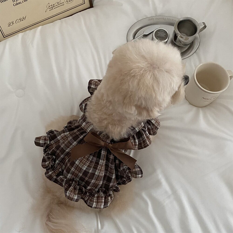 Falda con tirantes a cuadros para mascotas, camisa plisada a cuadros para gatos, camisetas interiores con lazo, ropa para cachorros, vestidos para perros pequeños, primavera y verano