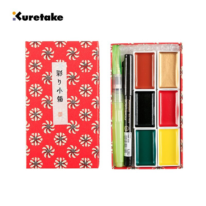 Kuretake irodori kobako solid akvarel vandbaseret pigment 6 farver sæt rød / grøn kasse: Rød boks