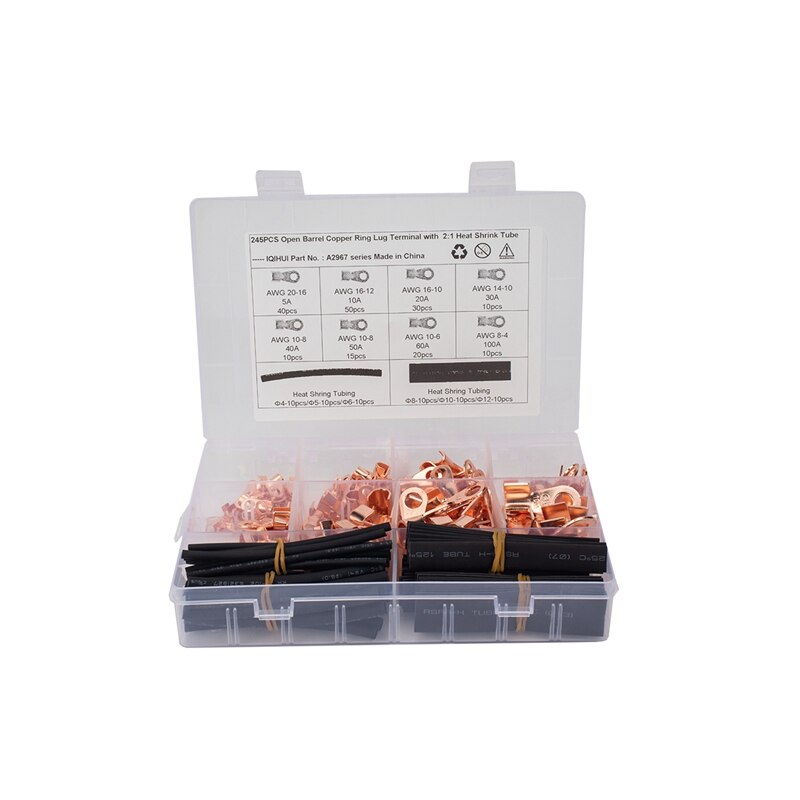 Öppen hylsa wire crimp koppar ring flänsar terminal kontakt med 2:1 värmekrympslangar sortiment kit: 185