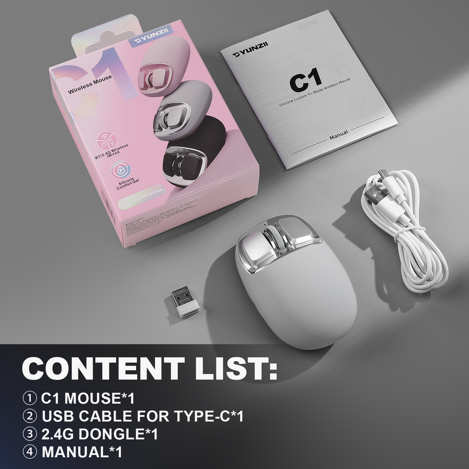 YUNZII C1 Spielen-Maus Tri 2,4G/USB-C/Bluetooth 6 DPI-Stufen Optische Verfolgung-Technologie Silikon Anpassbare Kabellose Maus für sterben Arbeit