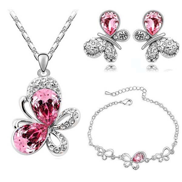 Østrigsk krystal sommerfugl vedhæng smykkesæt halskæde øreringe armbånd tilbehør sød romantisk: Mørk lyserød