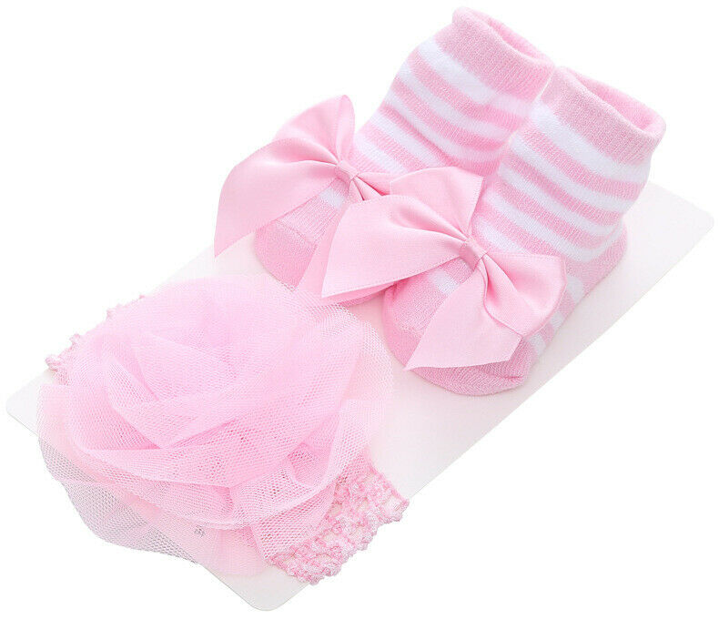 Newborn Solid Color Lace Baby Socks Bow Princess Cute Baby Socks+ Hair Band set